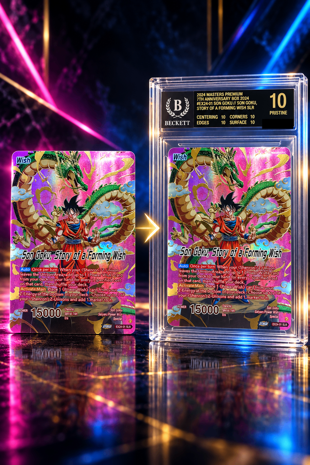 Son Goku, Story of a Forming Wish card transforming from raw to a BGS 10 Pristine slab